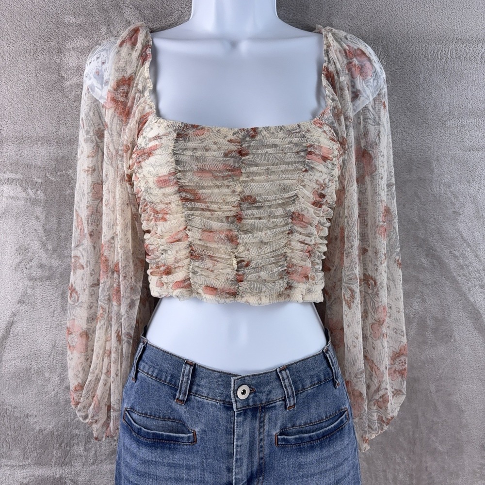 Free People Floral Crop Top‎ Womens Size Small Beige Sheer Ruched Long Sleeve